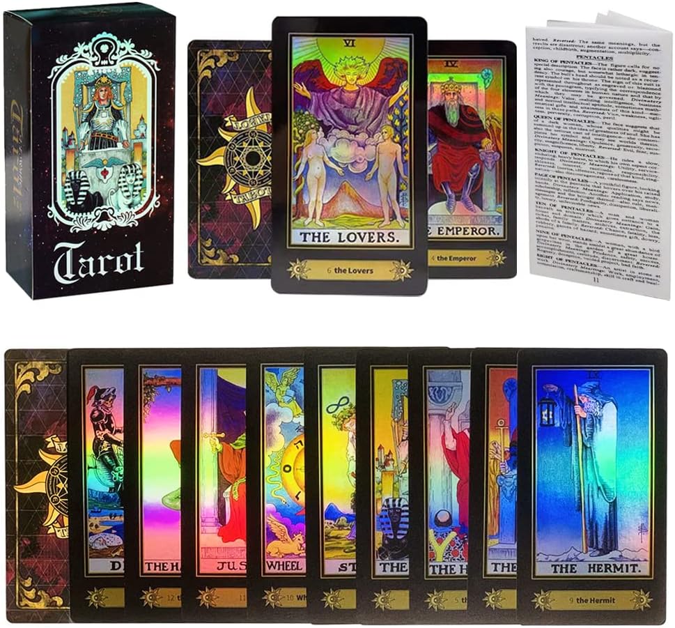 Tarot Cards Deck, 78 Holographic Classic Tarot Cards with Surface Laser with English Edition Guidebook for Beginners