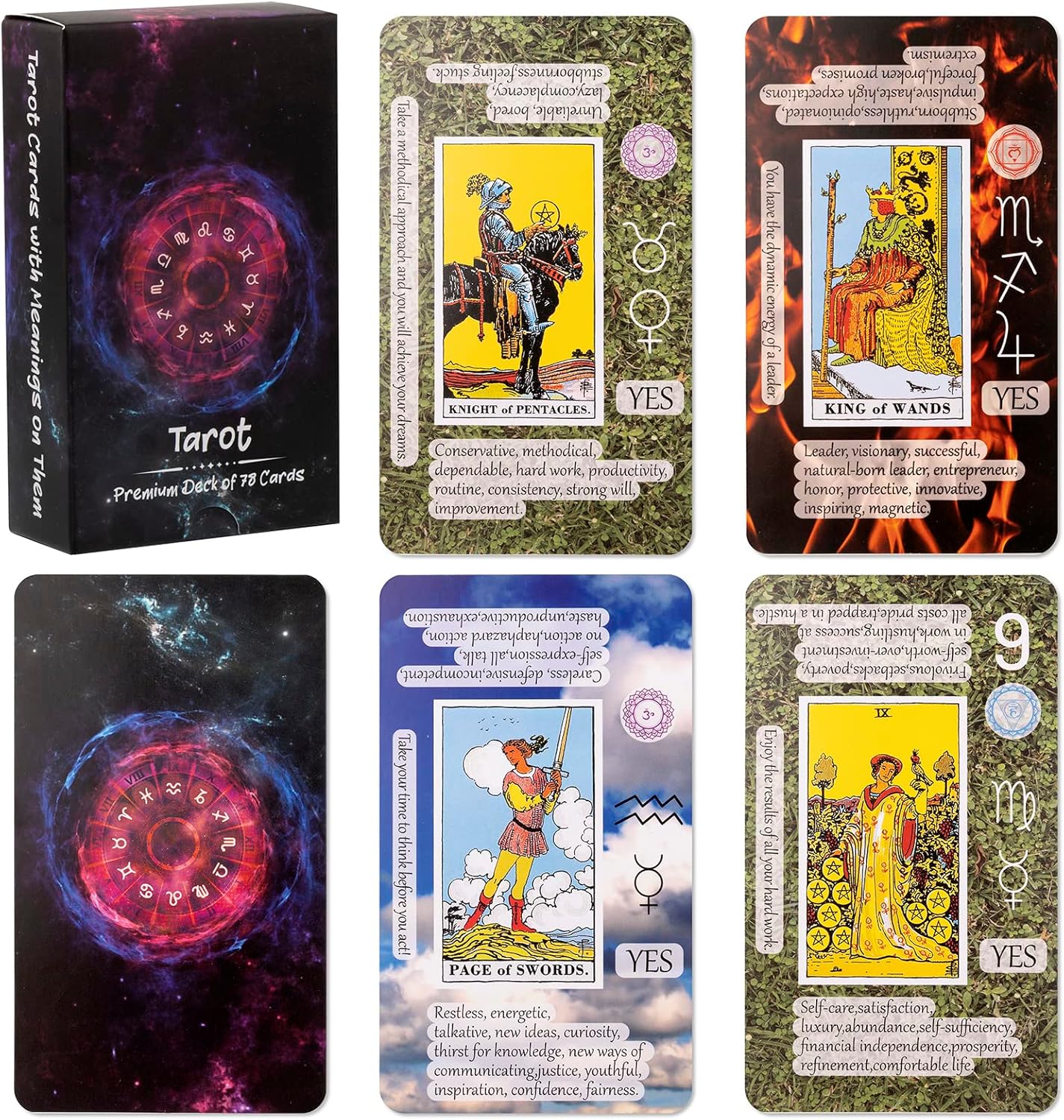 Tarot Cards with Meanings on Them, Tarot Cards for Beginner, Learning Tarot Cards Set, Tarot Deck Fortune Telling Game, Keywords, Chakra, Planet, Zodiac, Element, Yes or No, Affirmations